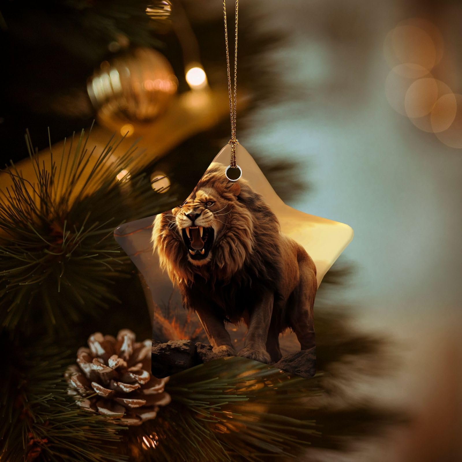 Christmas Ornaments for Christmas Tree Decoration Hanging Angry Roaring Lion Ornament with Gold Ribbon Crafts Star Shape Ceramic Pendant for Keepsake Gifts Xmas Decor Party Supplies