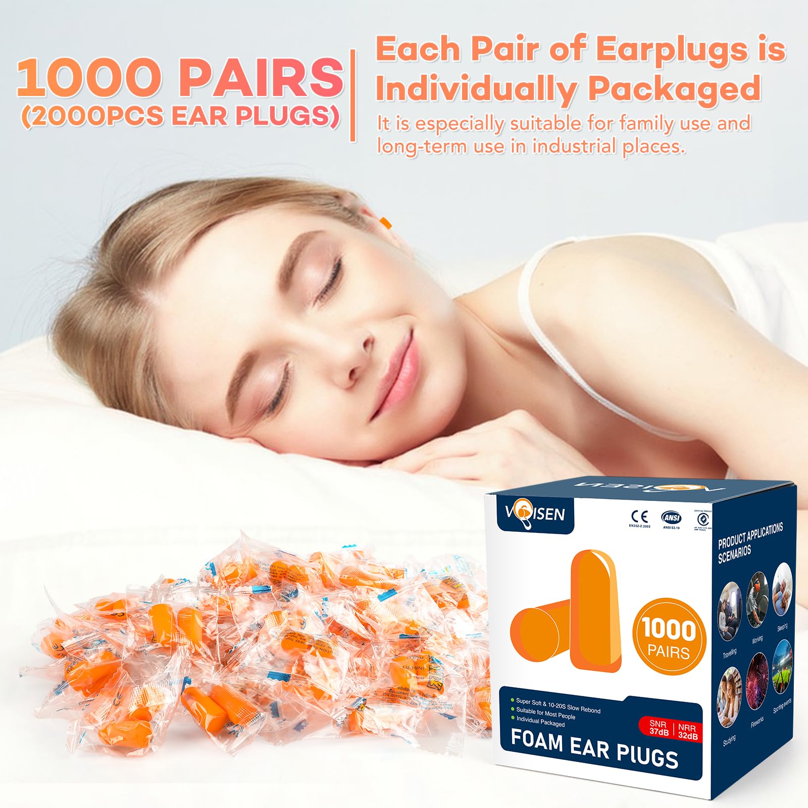 VOISEN Ohrstöpsel, 1000 Paar Ohrstöpsel zum Schlafen, 32 dB NRR 37 dB SNR, Geräuschunterdrückung für Schnarchen, Lernen, laute Veranstaltungen, Reisen und Konzerte, Einzelpaket