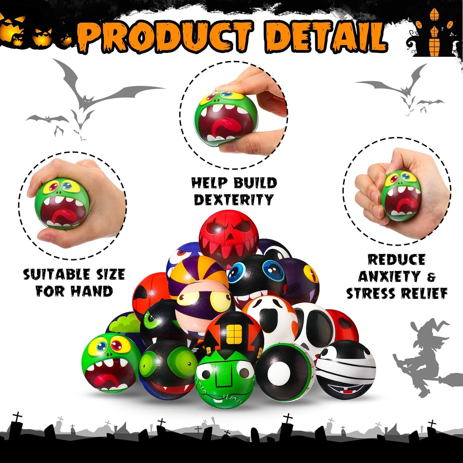 Jenaai 72 Pcs Halloween Stress Balls 2 Inch Mini Squeeze Foam Balls Assorted Designs and Colors Anxiety Stress Relief Bag Fillers Halloween Party Favors Decoration Toy for Adults - Image 3