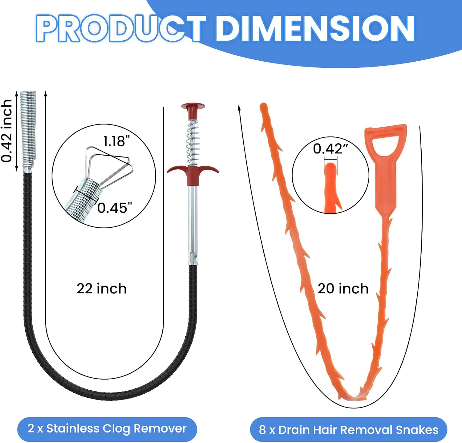 Aifeier ET Drain Clog Removal Tool (2 Pcs), Sink Drain Snakes Hair Removal (8 Pcs), Effectively Removes Hair and Other Clogs from Toilet, Kitchen Sinks, and Bathroom Tub (8+2)