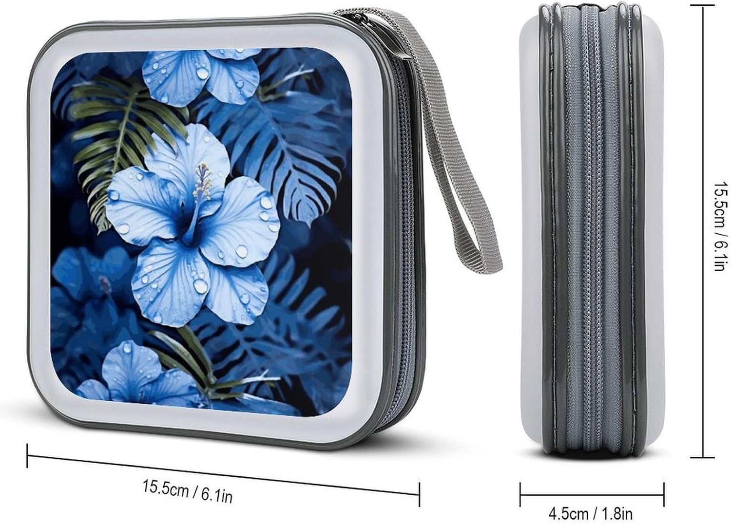Blue Flower Tropical DVD Case, 40 Capacity CD Case Holder with Zippers, Portable CD Holder Hard Plastic Disc Cases Personalized DVD Wallet Organizer for Car Home Travel image 2