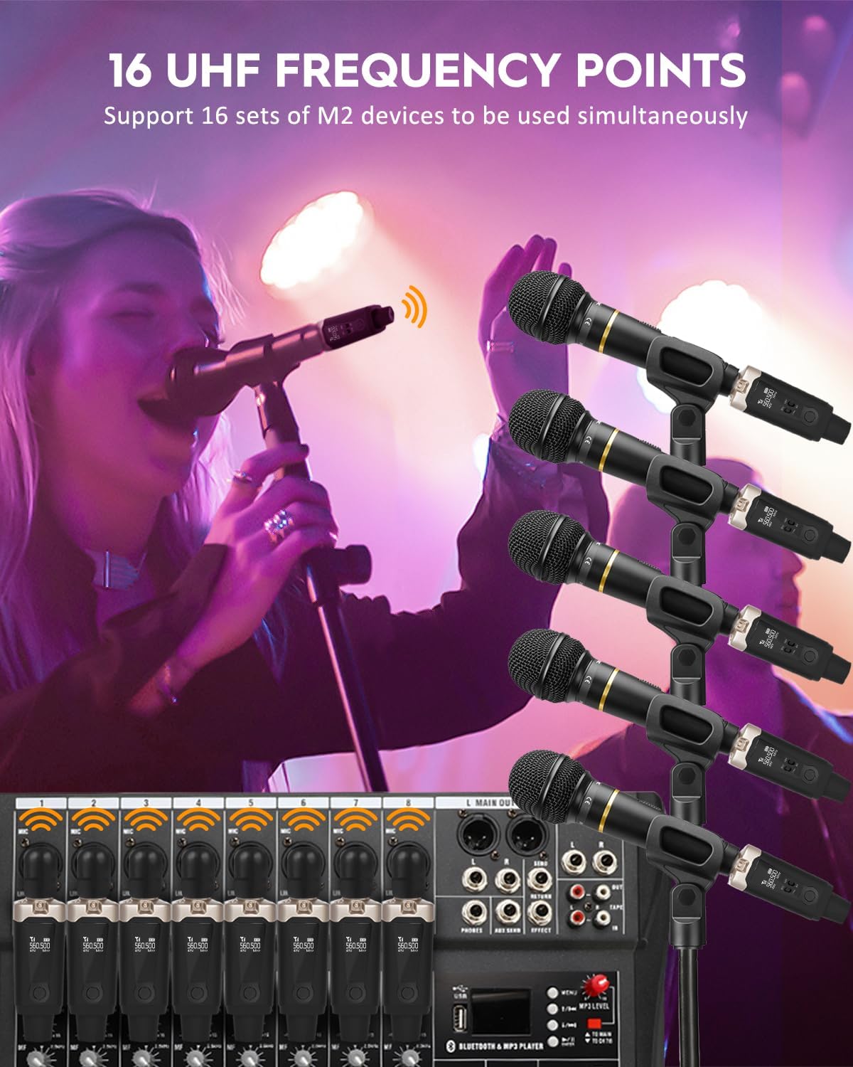 Multiple STRICH M2 units connected to a mixer, demonstrating 16 UHF frequency points