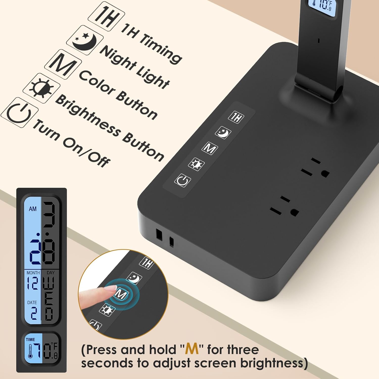 Power Strip with LED Desk Lamp: Table Lamp with Charging Station - 2 Outlets 1 USB-A Ports 1 Type-C Ports, Surge Protection and Led Display, 5ft Extension Cord, 5 Color Modes 5 Brightness