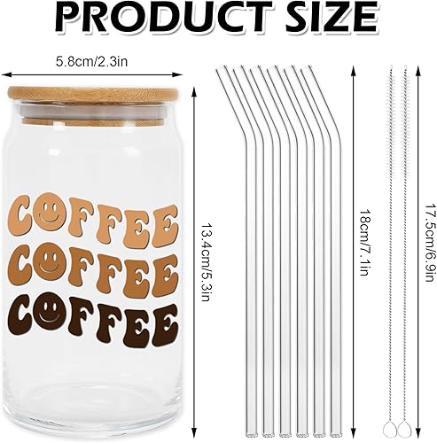 Miniatura 2 de Whaline Paquete de 6 vasos bohemios de 16 onzas con diseño de arco iris, sol, corazón, flores, taza retro Groovy Ice Coffee Cup con tapa de bambú,