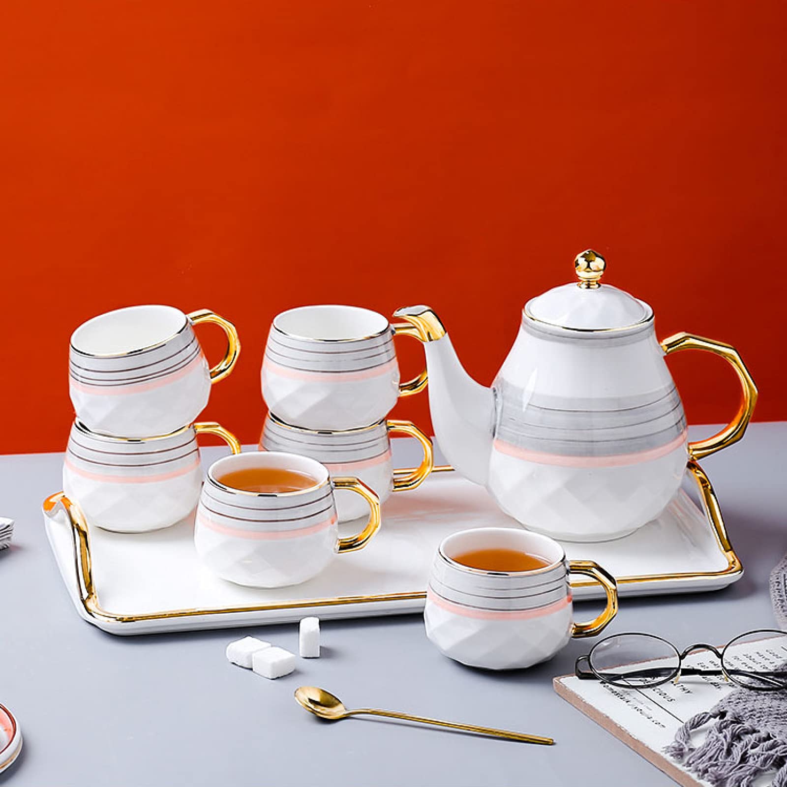 8-Elementowy Zestaw Do Herbaty Dla Dorosłych Z Czajniczkiem, Porcelanowy Zestaw Do Herbaty, Ceramiczny Zestaw Do Kawy I Herbaty, 6 Filiżanek, Czajniczek, Taca Do Serwowan