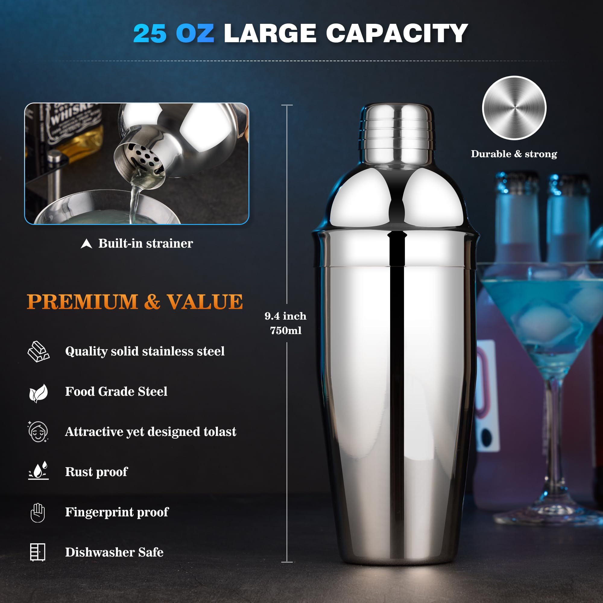 Set shaker per cocktail barista: kit da barista in acciaio inox da 15 pezzi con barre di supporto in acrilico con tutti i pratici accessori da bar, strumenti da bar per miscelare bevande, bar, casa
