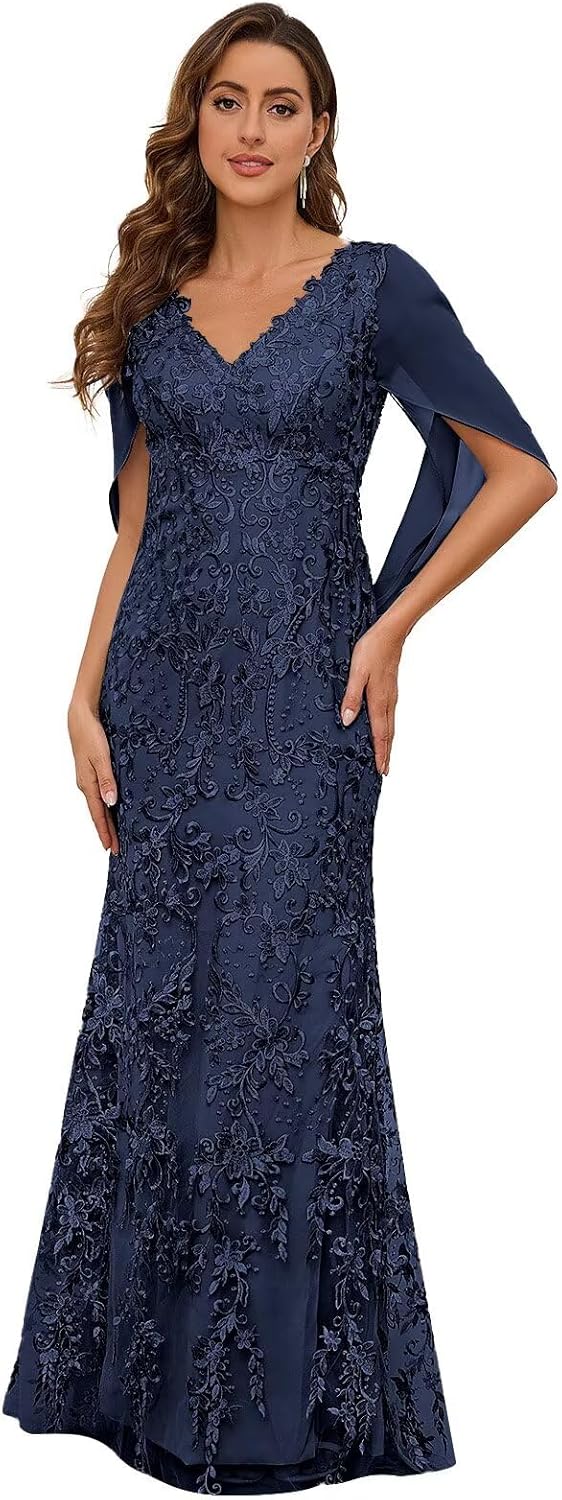 Lace Mermaid Mother of The Bride Dresses for Women Long V Neck Chiffon Formal Evening Gowns with Sleeves