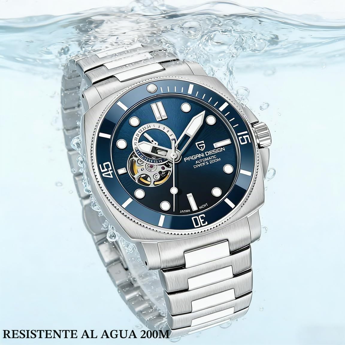 Pagani Design - Reloj mecánico automático para Hombre, Resistente al Agua hasta 200 m, Esqueleto NH39, Movimiento de Cristal de Zafiro, Azul, Casual