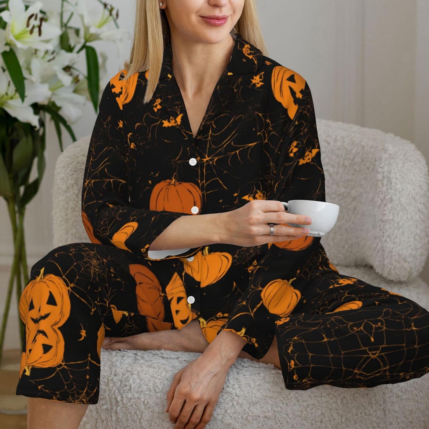 Halloween Pumpkin Print Cozy Christmas Pajamas For Women,Soft Loungewear Sets,For Holiday And Everyday Wear