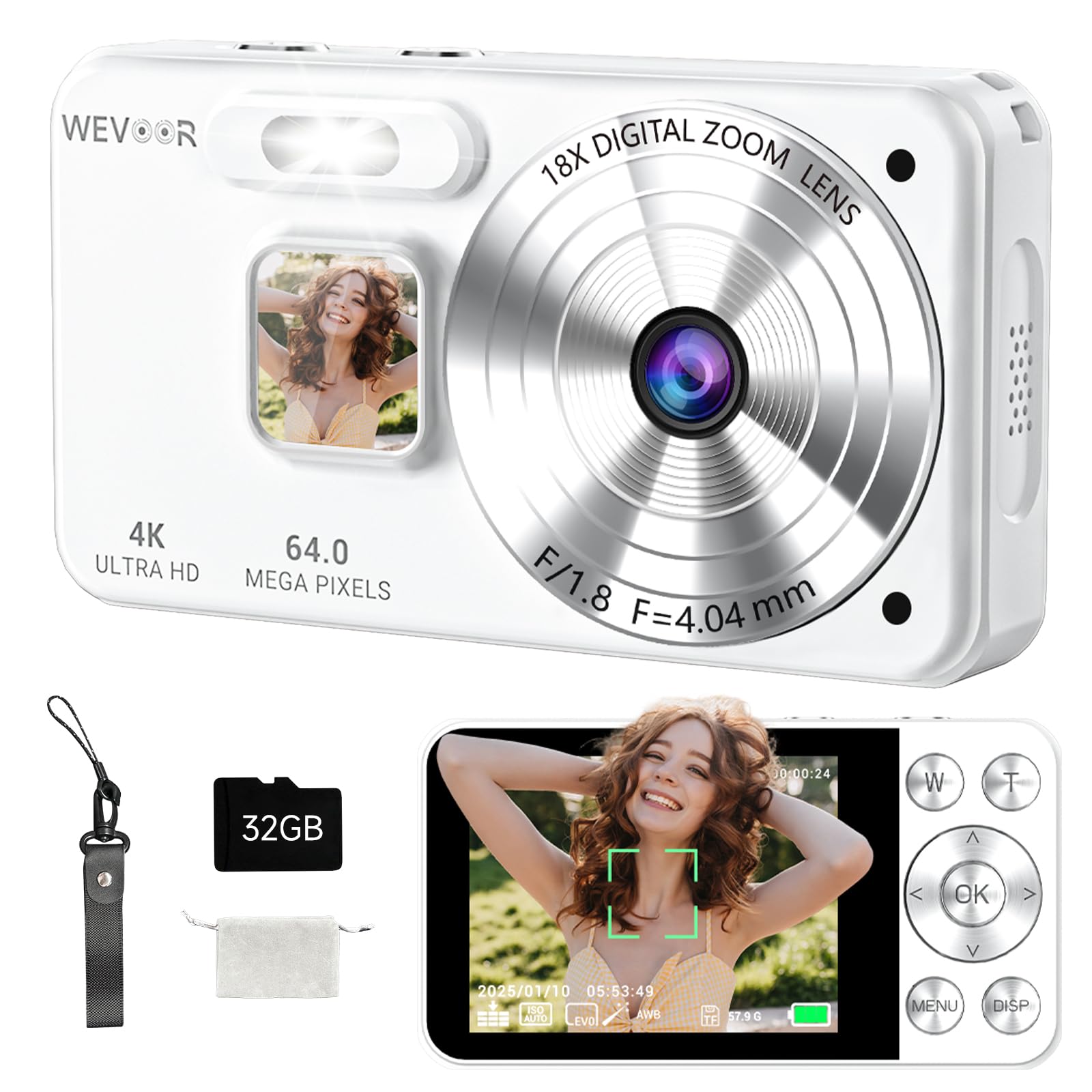 Macchina Fotografica Digitale 4K 64MP, Wevoor 32GB Fotocamera Digitale | Fotocamera Compatta, 2,8” Schermo, Zoom Digitale 18x, Batteria da 2000mAh per Principianti Bambini Adolescenti - Bianco