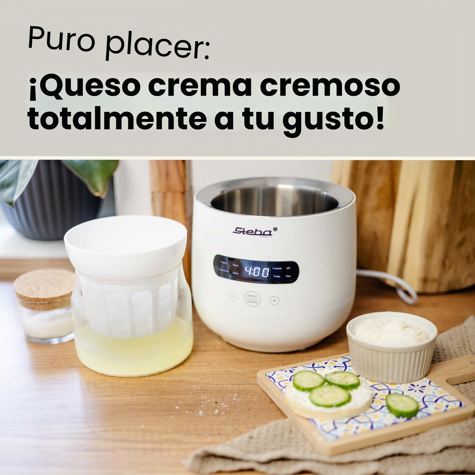 Yogurtera Steba para hacer yogur casero con una consistencia perfecta, 5 programas aromáticos, pies de goma antideslizantes y fácil limpieza. FERMENTO JM 4.