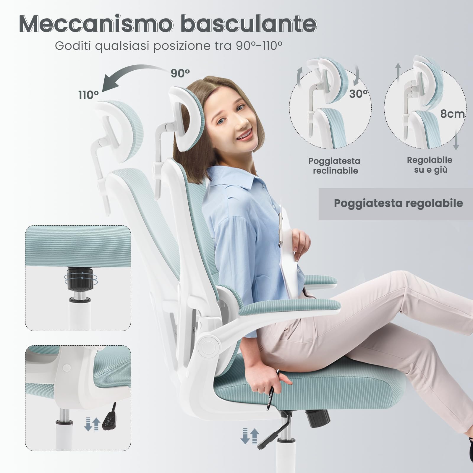 WOLTU Sedia Ufficio Ergonomica, Sedie Ufficio a Rete Traspirante, Con Supporto Lombare Adattativo a Forma Di C, Poggiatesta Regolabile, Braccioli Ribaltabili, per Scrivania, Casa, Blu