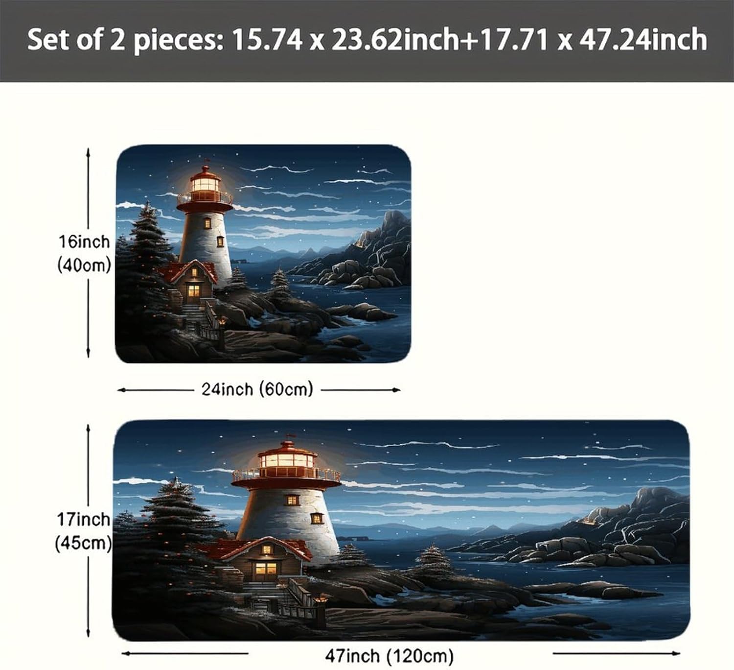 Santa Claus Lighthouse Kitchen Mat Washable Non Slip Rugs Soft Kitchen Mats for Floor Set of 2 PCS Cushioned Absorbent Runner Standing Rugs for Home Sink Laundry Office