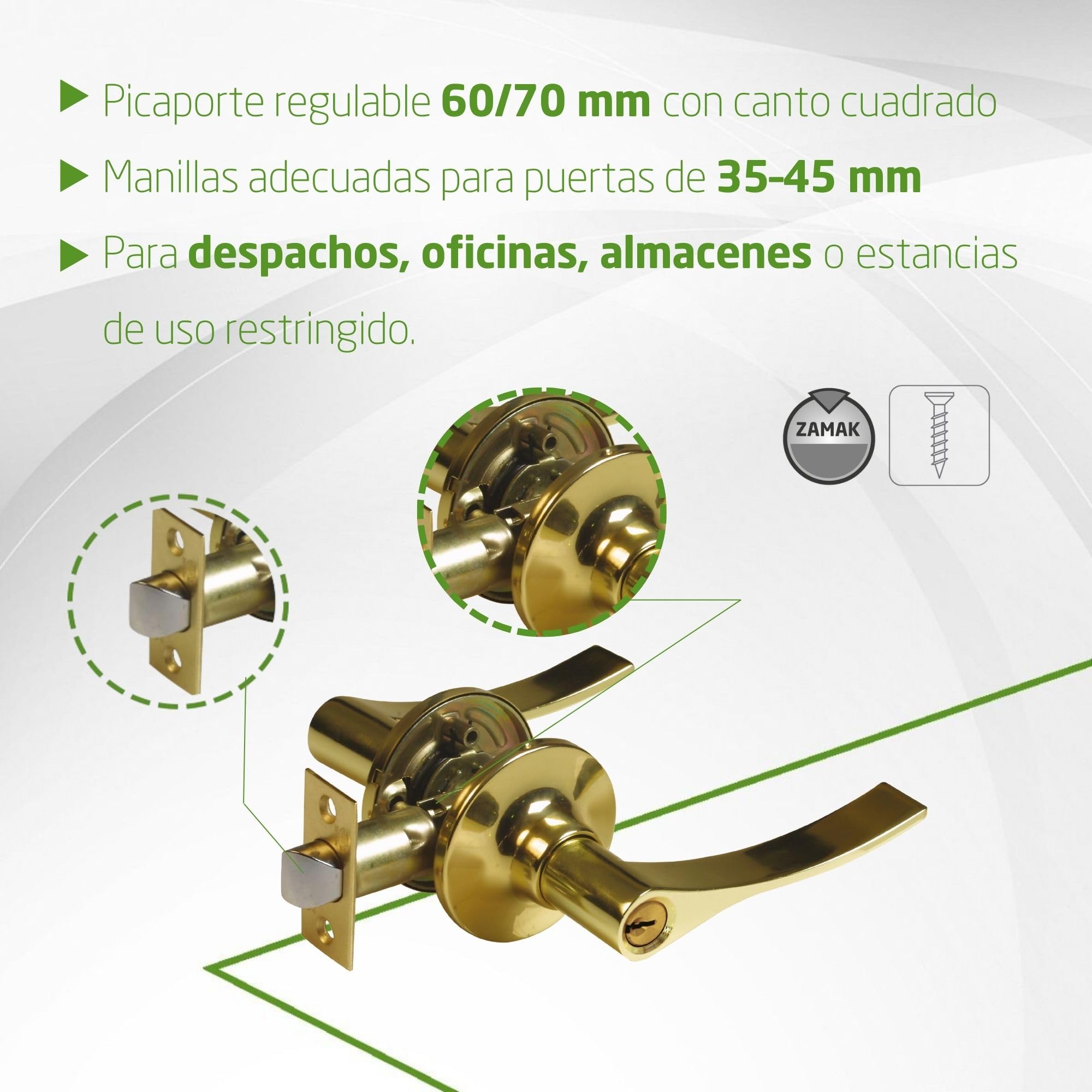 Amig - Juego de Manillas con Picaporte de Derecha - Roseta de Ø65 mm - Picaporte de Entrada 60/70 mm - Dorado - Zamak - Puertas de madera de 35 a 45 mm - Incluye 3 llaves - Mod. 710