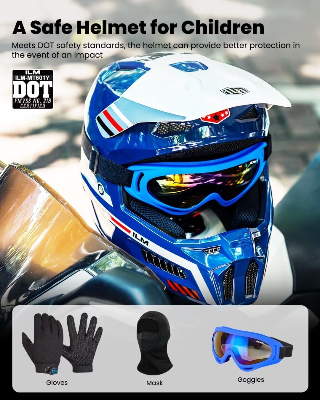 ilm youth dirt bike helmets kids atv helmet motorcross bmx off road motorbike with goggles gloves mask dot model mt601y (spacewalk blue, youth-small) spacewalk blue youth-s