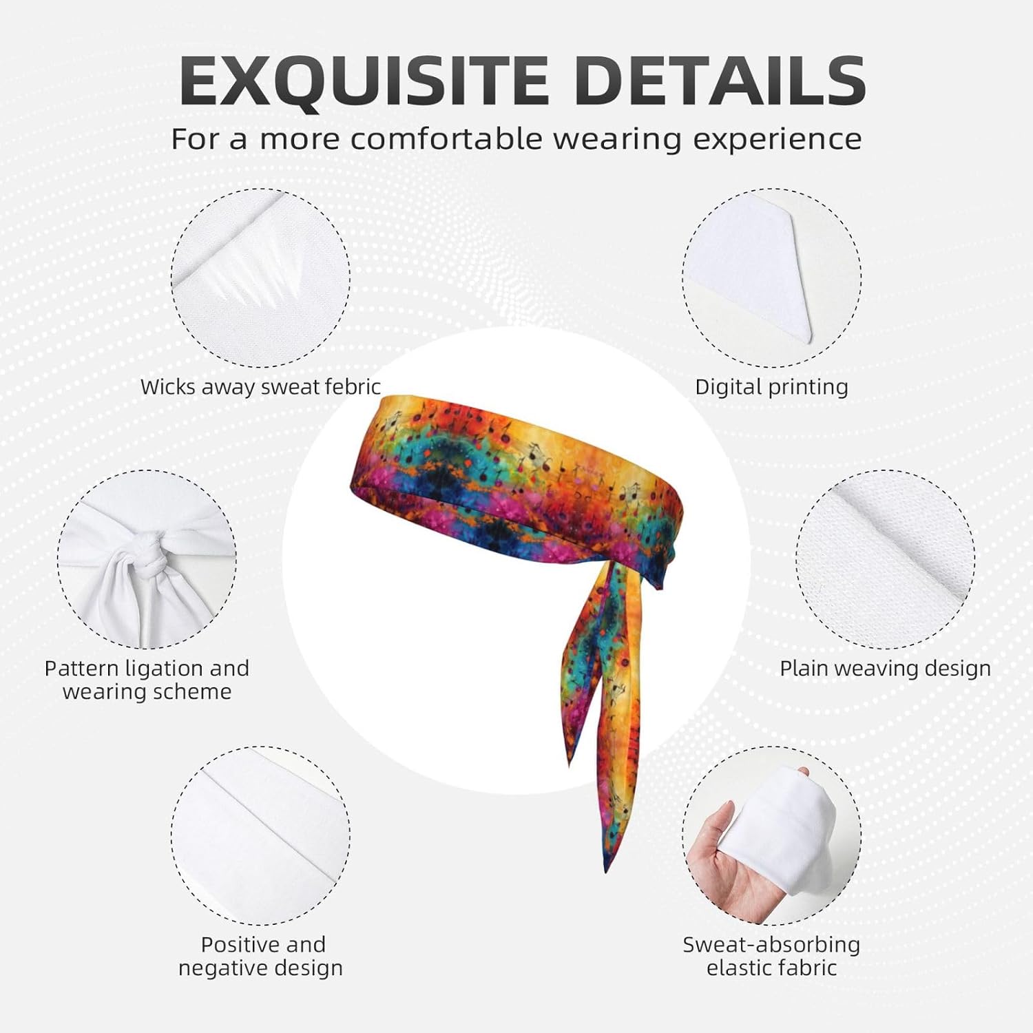 Colorful Music Notes Print Soft Long Unisex Adjustable Headwraps, Hair Athletic Bands for Running, Tennis, and Sports