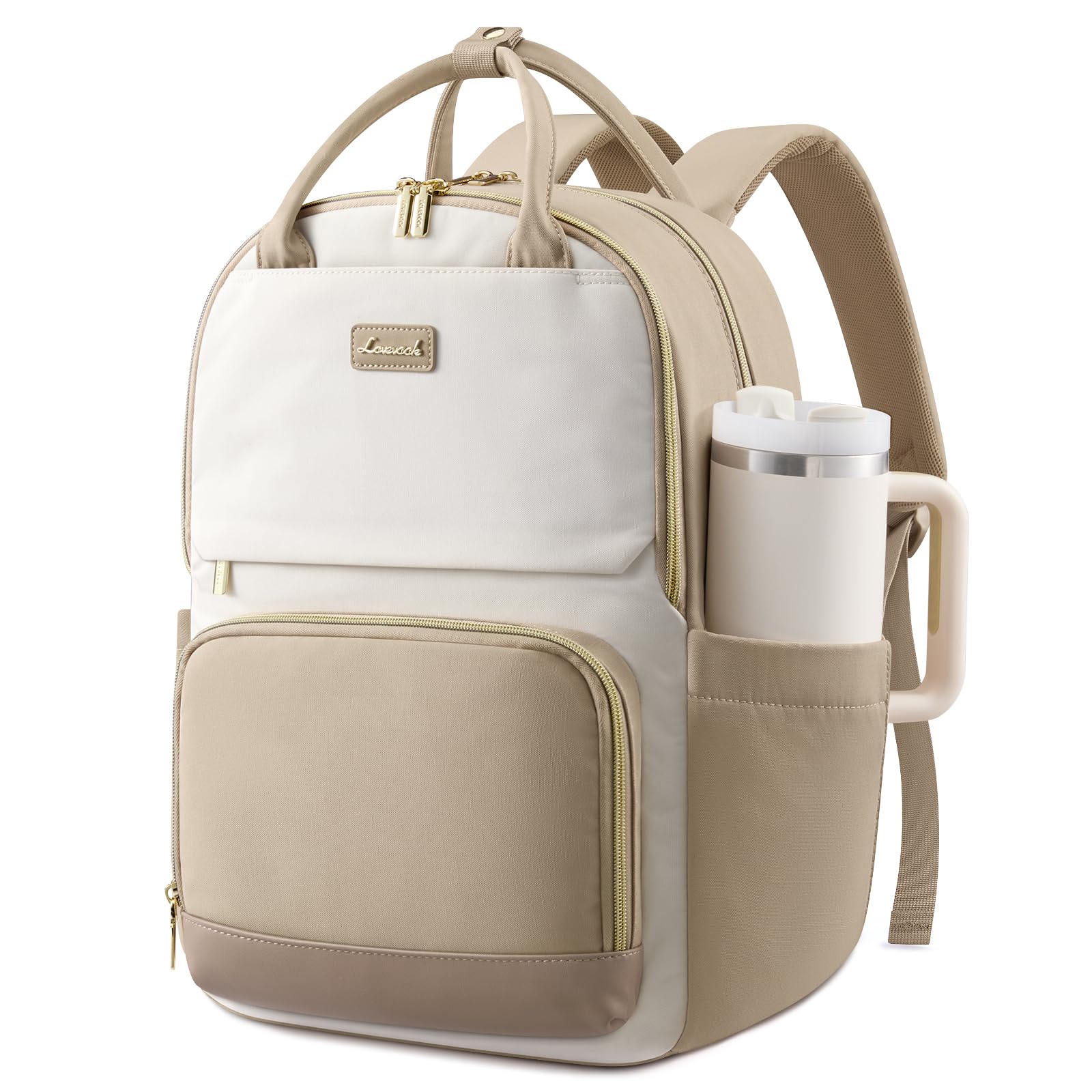 LOVEVOOK Rucksack Damen, 15.6 Zoll Laptop Schulrucksack Teenager mit Großem Flaschenfach, Uni Schultasche Travel Backpack Women Elegant, Arbeitstasche Tagesrucksäcke für Reise Schule, Khaki Beige