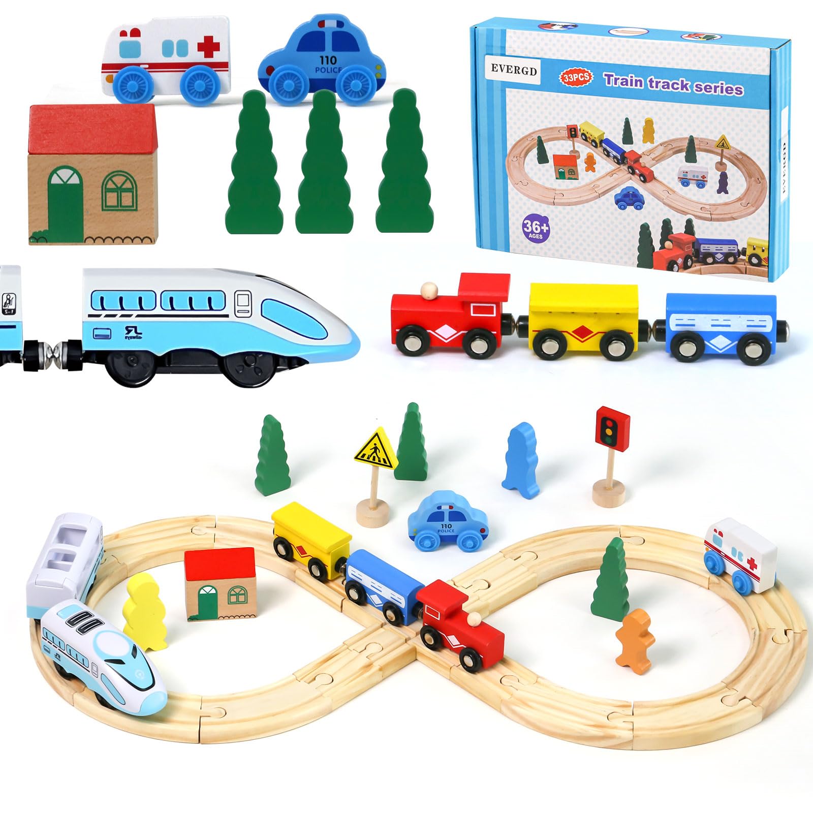 Evergd Wooden Train Track Rail Set With Battery Powered Train