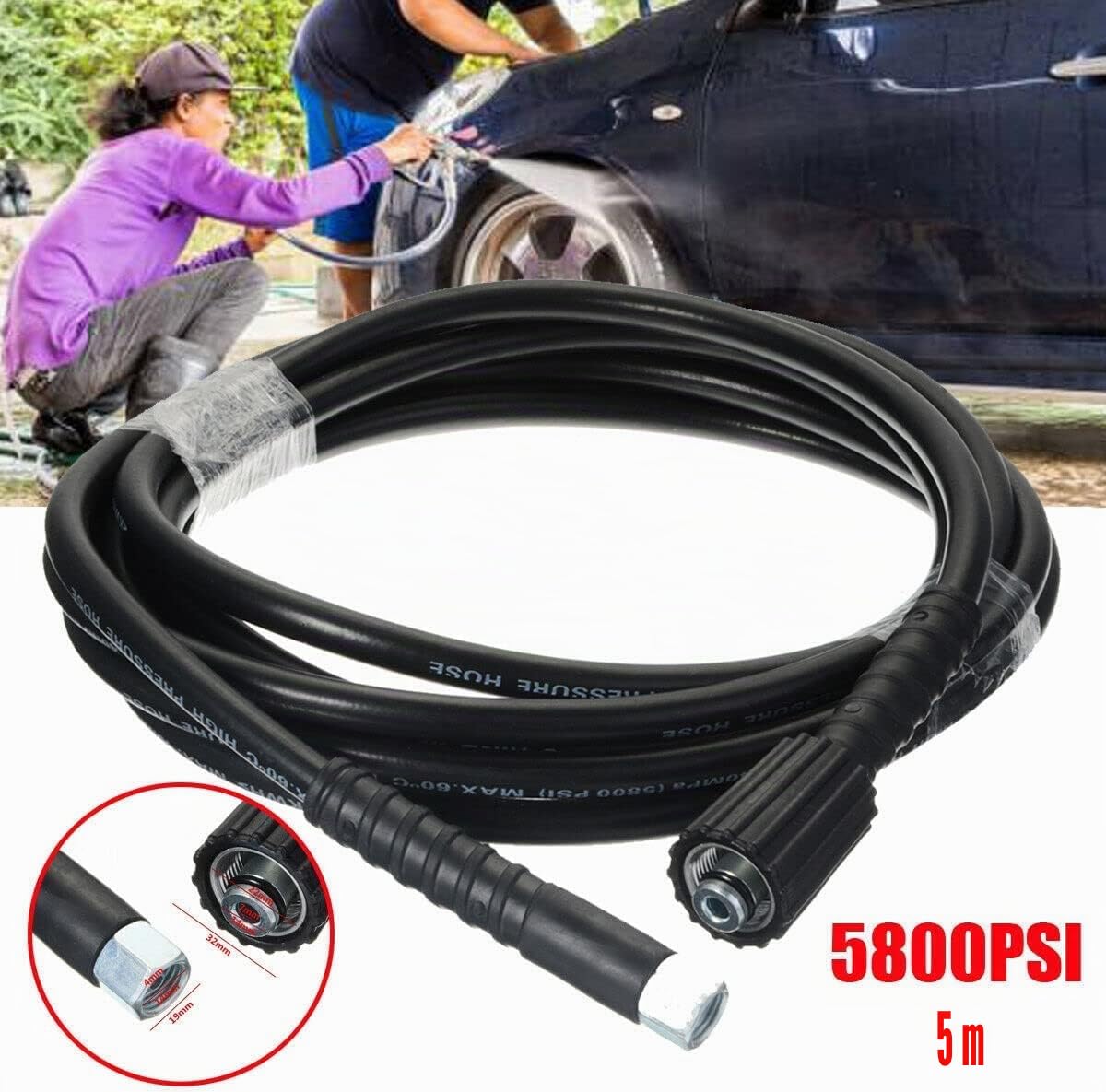 YUET Manguera de repuesto para lavadora de alta presión de 5 m para lavado de coches, limpieza de jardín, M14 x M22 (14 mm), conector de rosca, tubo de chorro y drenaje de 16 pies