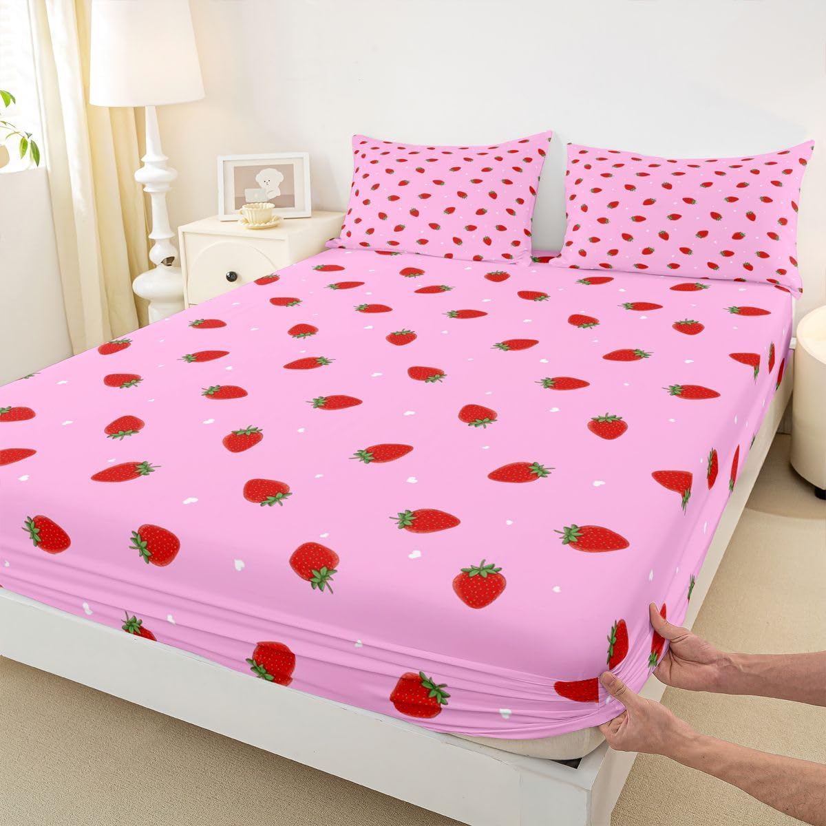 Strawberry Bedding, Kawaii Room Decor Fitted Sheet for Women Girls Kids Kawaii Bedding,Pink Kawaii Strawberry Decor Fitted Bed Sheets,with 1 Kawaii Duvet Cover+ 2 Strawberry Pillowcases, Full Size