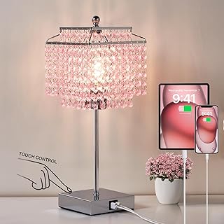 GyroVu Kristall Tischlampe, Rosa Dimmbare Touch Nachttischlampe mit Ladefunktion USB A+C-Anschlüssen Steckdosen, Kleine KristallLampe für Wohnzimmer Schlafzimmer Mädchenzimmer (Inklusive Glühbirne)