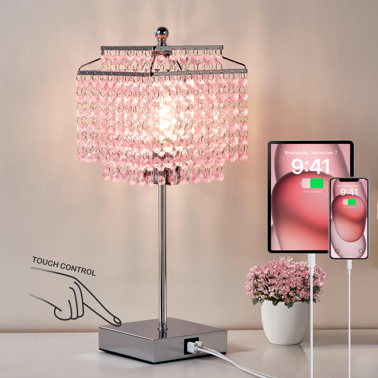 GyroVu Crystal Table Lamp, Pink Touch Lamp with USB C+A Ports