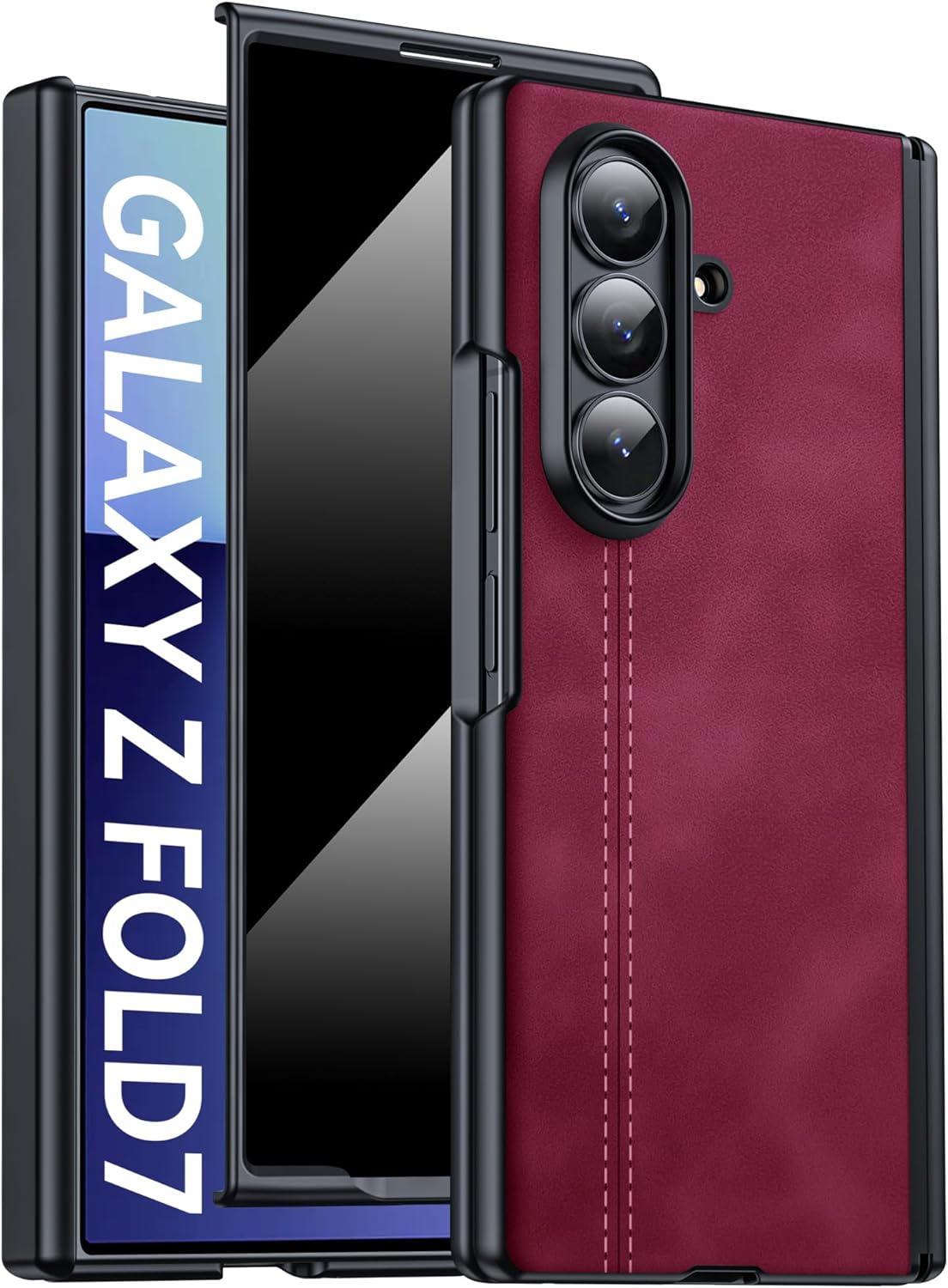 for Samsung Galaxy Z Fold 7 Case with Privacy Screen Protector & Hinge Protection, Wireless Charging, Ultra Thin Stylish Leather Matte PC Durable Shockproof Cover Phone Case for Fold 7-Red Galaxy Z Fold 7 Red