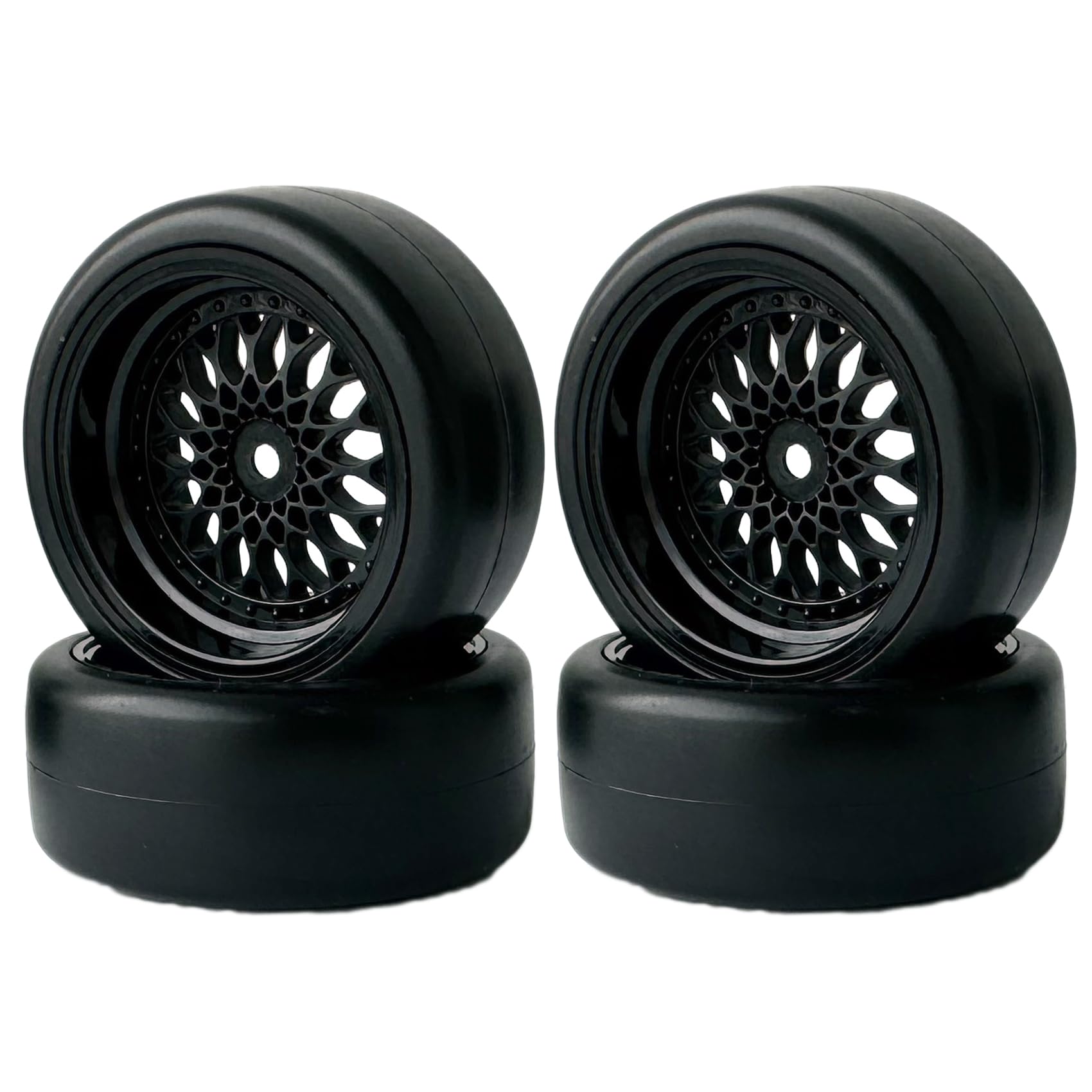 KINGCOO 4PCS RC Drift Car Tyre 63mm Smooth Hard Tires and Plastic Plating Wheel Rims Set for 1/10 RC On Road Run-flating Touring Racing Drifting Car for HSP HPI Kyosho (Black, Offset:6mm) — image 1