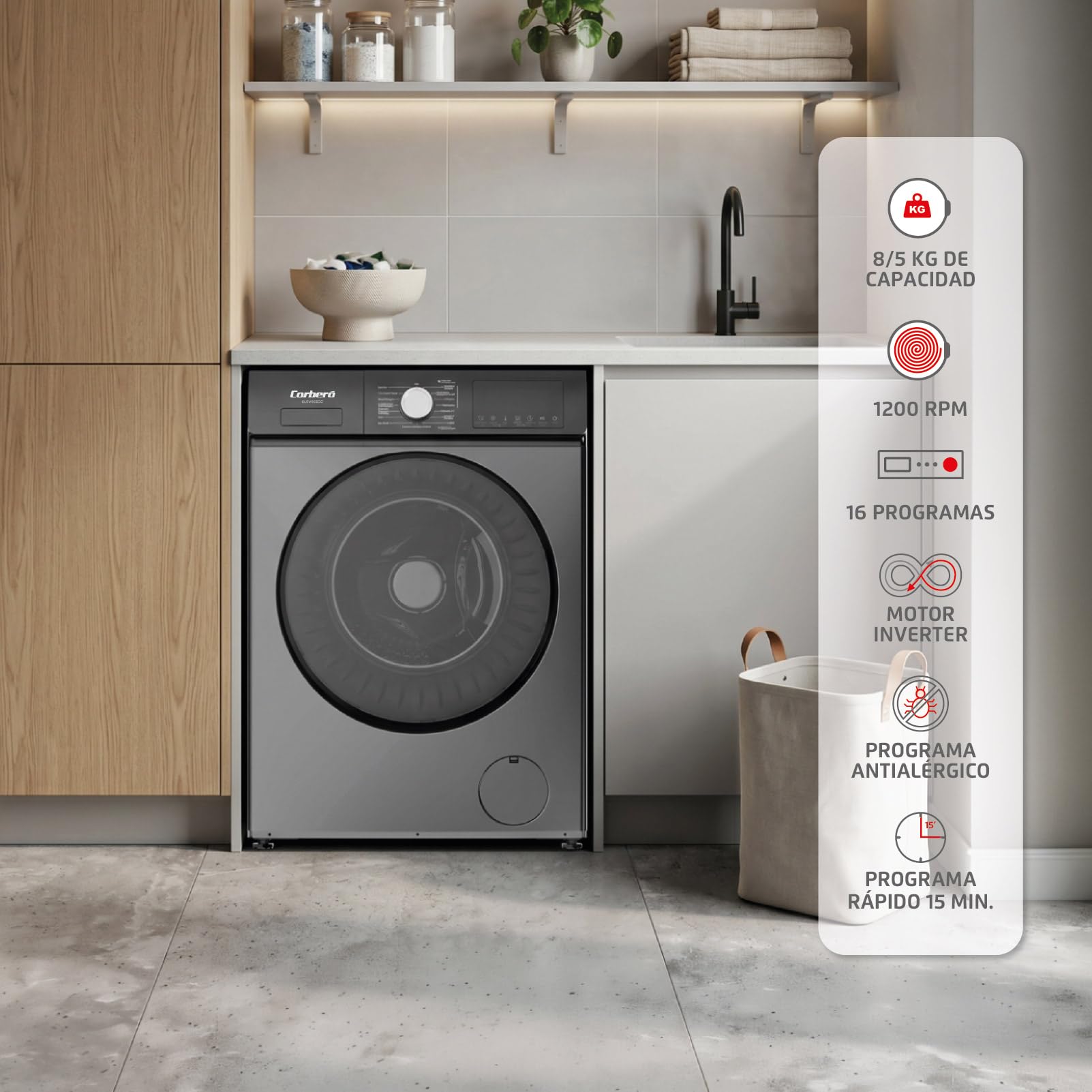 Corberó - Lavadora Secadora 2 en 1| CLSW805DG | 8 Kg / 5 Kg Secado | 1200 rpm | Motor Inverter | 16 Programas | Programa Antialérgico y Opción Vapor | Aclarado Extra | Clase A-20%| Gris