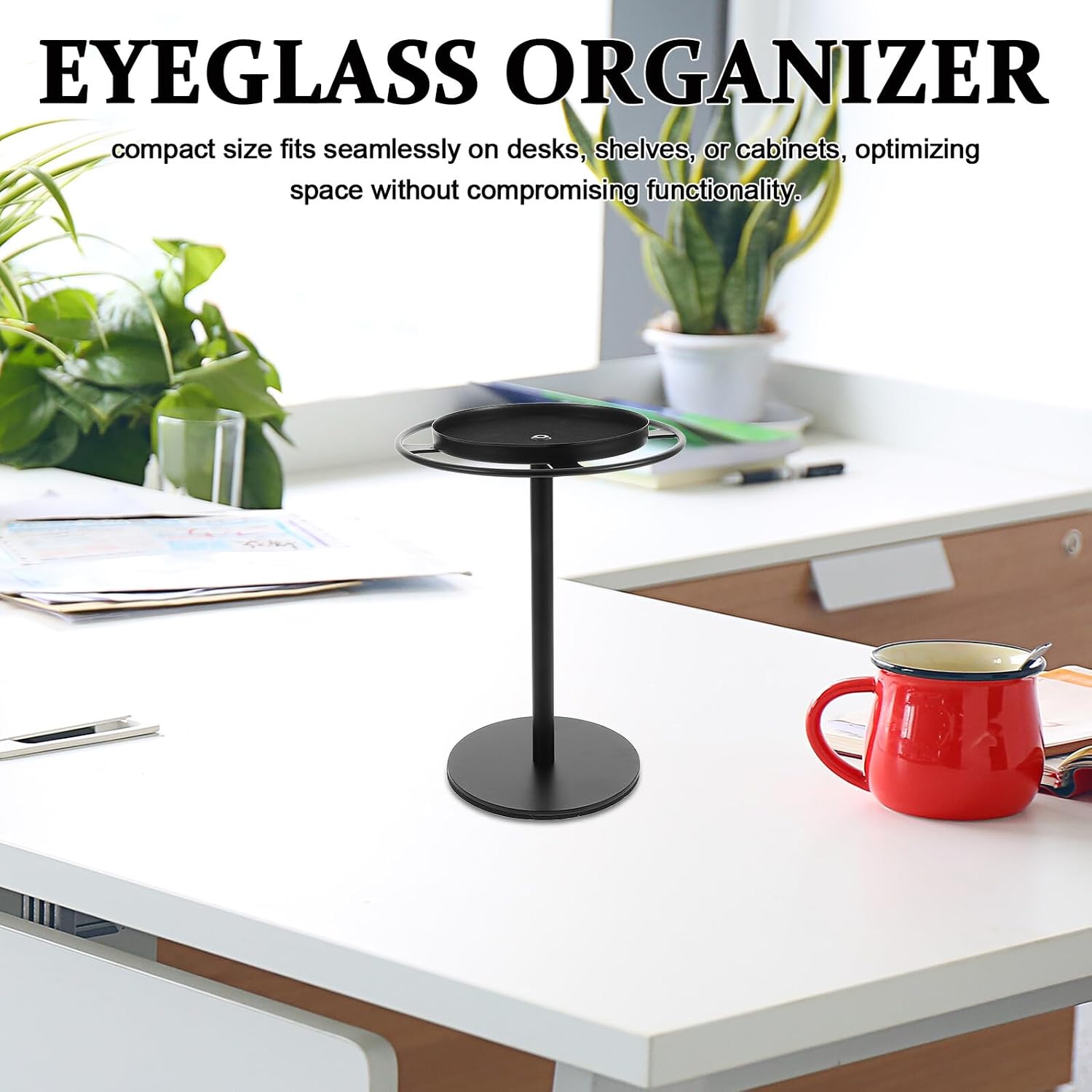 Metal Eyeglass Organizer with Storage Tray, Small Desktop Glasses Holder Stand for Sunglasses Display Rack, Black Metal Eyewear Storage Shelf for Home and Office