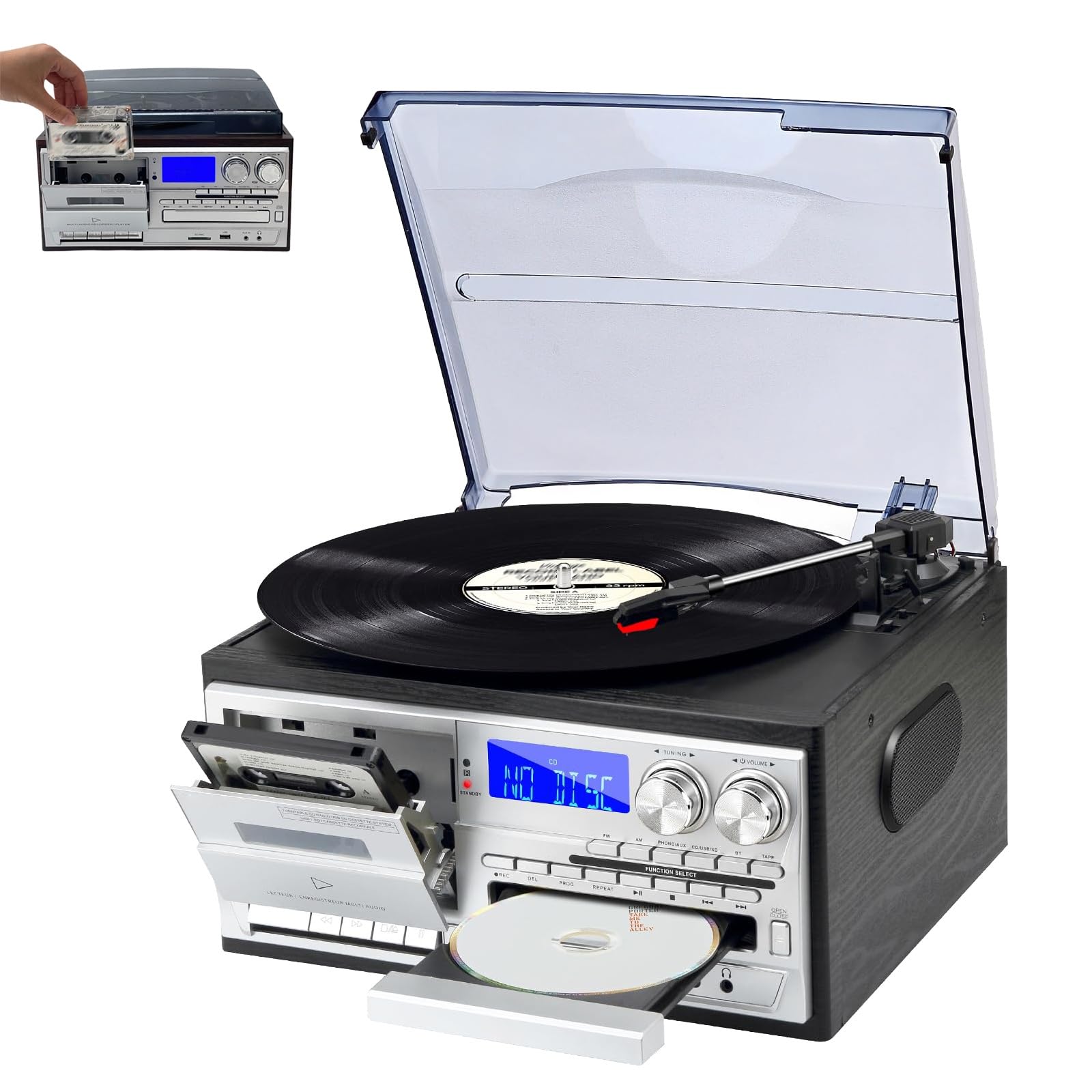 Giradischi in vinile, Bluetooth, vintage, con copertura, supporta 33/45/78 giri/min, altoparlanti integrati, funzione di digitalizzazione, lettore CD e cassette