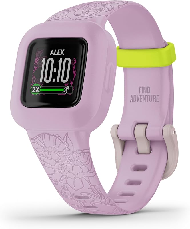 vivofit jr. 3, Monitor de actividad física para niños, incluye experiencia de aplicación interactiva, apto para nadar, duración de batería de hasta 1 año, lila floral