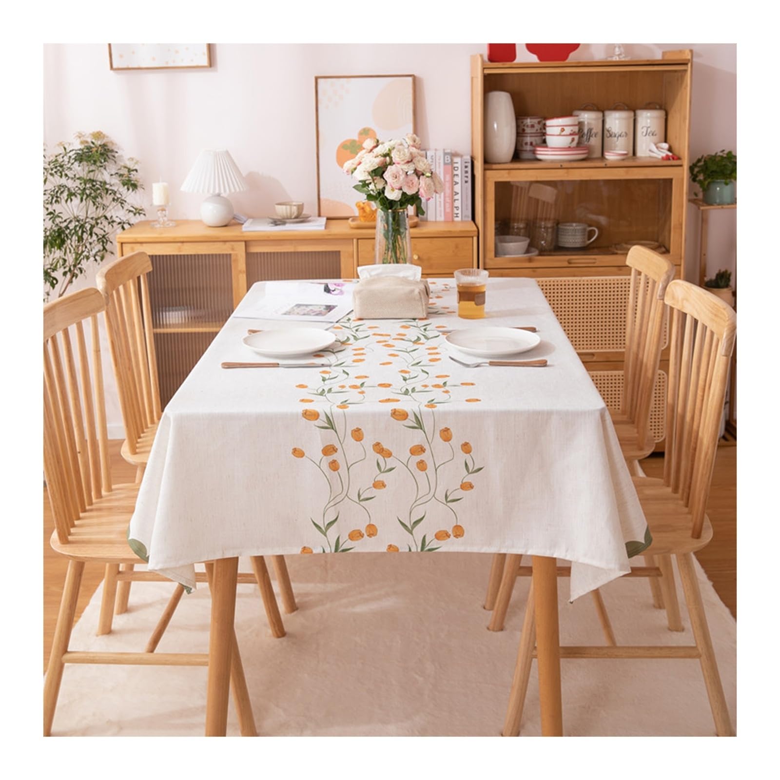 Nappe de table anti tache 130x130CM beige jaune tulipe style 2 décoration