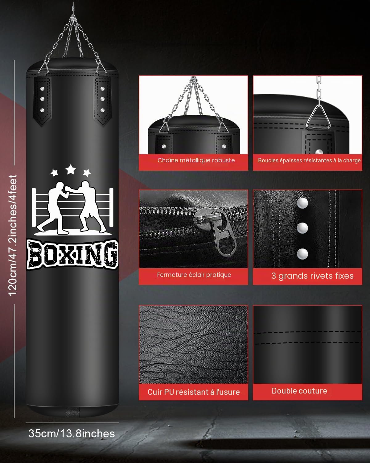 Sac de Frappe Adulte 120cm, Non REMPLIR Suspendu Sac de Frappes pour MMA Muay Thai Karate Taekwondo Training avec Chaine Suspension Boxe Punching Bag