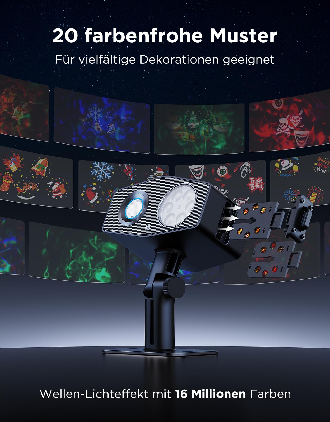 Govee Led Outdoor Schneeflocken Projektor, RGBW Wasserwellenprojektor mit 20 Gobos, IP67 Wasserdicht Projektionslampe, 58 Szenenmodi für Festivals, Funktioniert mit Alexa, Matter, Google Assistant