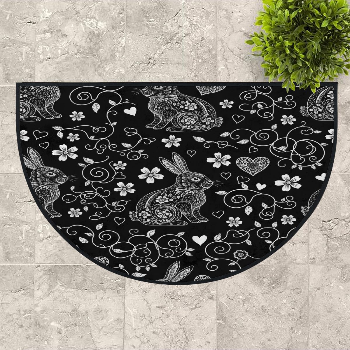 Große halbrunde Fußmatte – schwarz-weiße Hasen-Blumen, waschbar, rutschfest, halbrund, Eingangsbereich, Teppich, niedlich, weich, halbrund, saugfähig, Teppich für Küche, Badezimmer