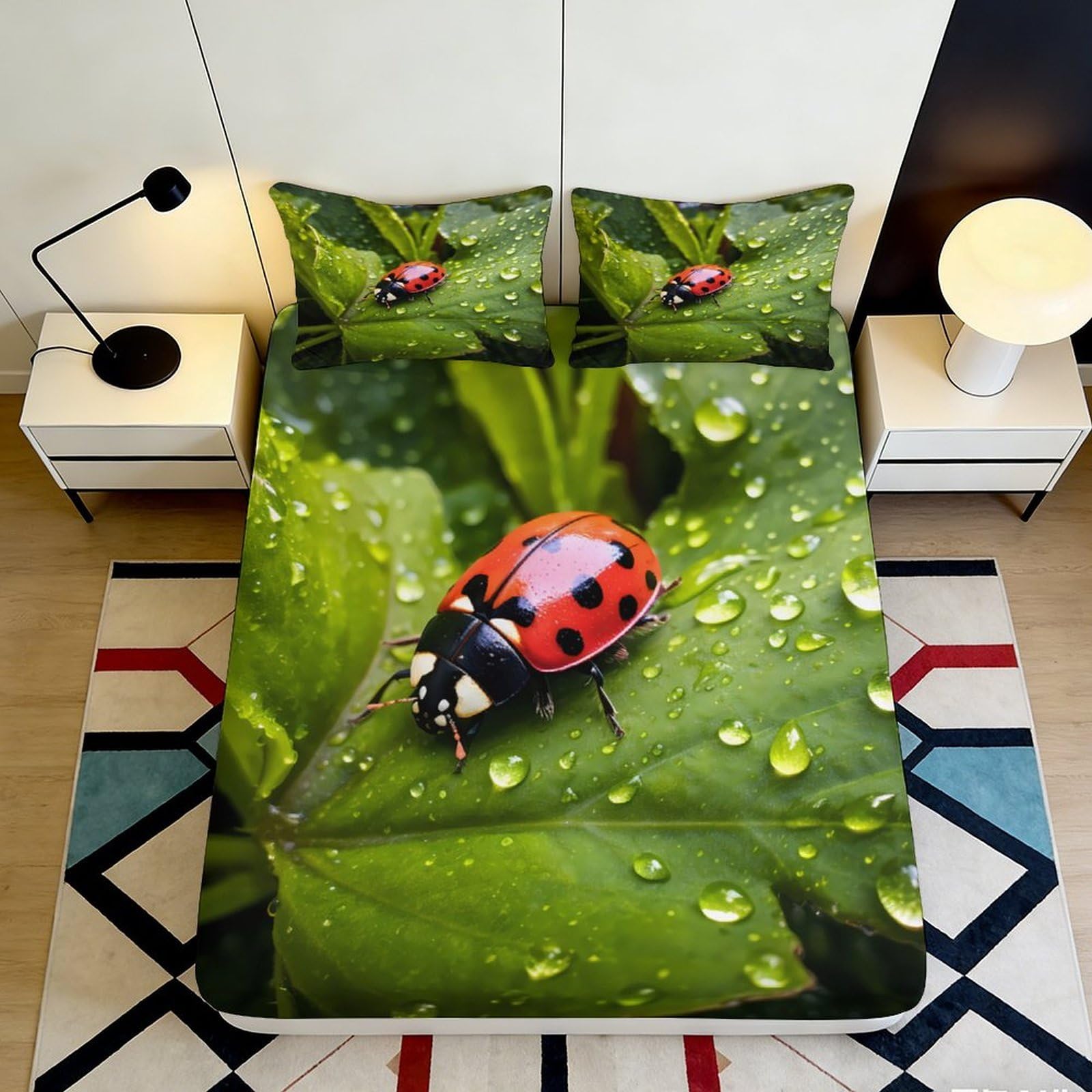 3D Printed Ladybug Leaf Fitted Sheet Microfiber Deep Pocket Non-Slip Bedroom Bedding Leaf Mattress Fitted Cover Washable 160x200x25cm