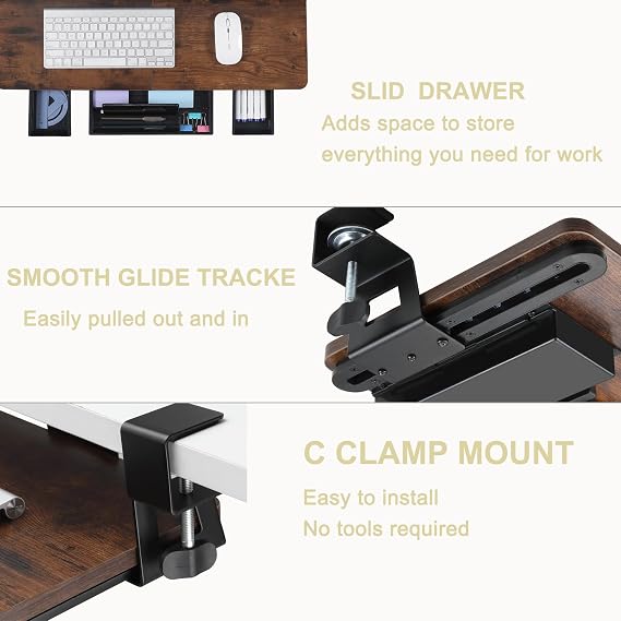 Keyboard Tray Under Desk with Drawer,26.77 X 11.81Large Size Keyboard Tray with C Clamp-on Mount, Easy to Install, for Home Office (Mahogany)