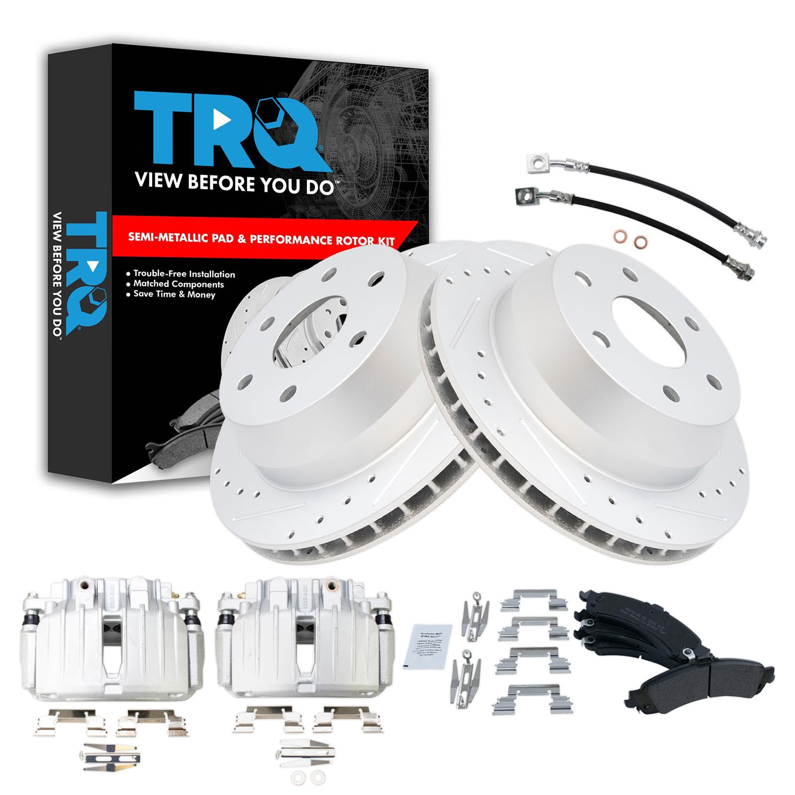 TRQ Brake Pad &amp; Rotor Kit Slotted X Drilled Performance Semi-Metallic Compatible with 02-06 Cadillac 00-06 Chevrolet GMC