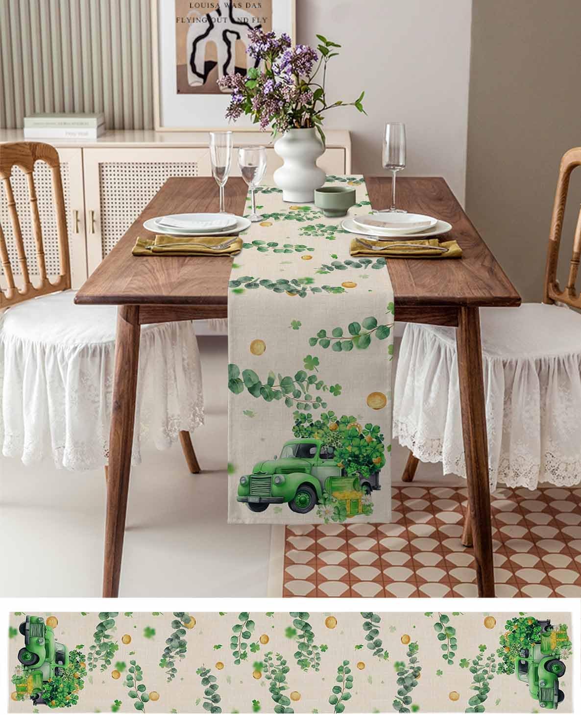 Lucky Shamrock Clover Cotton Table Runner, St. Patrick's Day Retro Green Truck Shamrocks Eucalyptus Leaves Tablecloth Irish Spring Gold Coins Grass Green Eucalyptus Leaves Table Runner 13 x 90 Inch