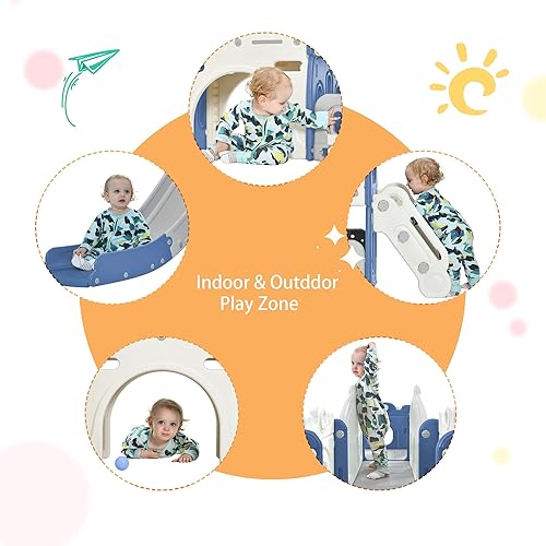 Miniatura 5 de Tobogán 7 en 1 para niños pequeños, tobogán grande con pasillo largo, escalador, aro de baloncesto, túnel y espacio de almacenamiento, juego de