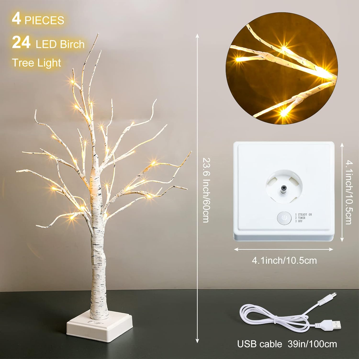 Set of 4 Lighted Birch Tree Warm White 24 LED Artificial Branch Tree 23.6 Inch Tabletop Christmas Tree Centerpiece Table Decorations Battery Powered Jewelry Holder with Timer for Home Wedding Party