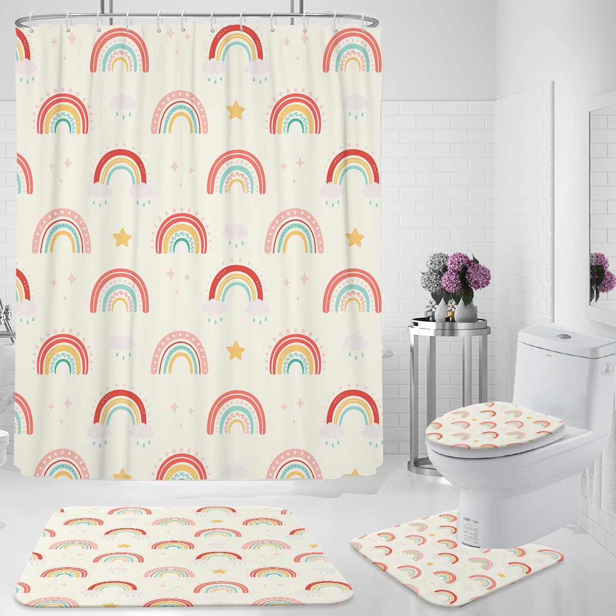 zokyer Kids Rainbow Shower Curtain Set Boho Girls Cloud Cute Nursery Kawaii Stars Art Cartoon Pattern Bathroom Decor with Non-Slip Rugs Toilet Lid Cover U Shape Mat 12 Hooks (60Wx72L)