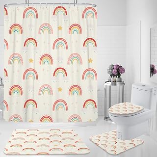 zokyer Kids Rainbow Shower Curtain Set Boho Girls Cloud Cute Nursery Kawaii Stars Art Cartoon Pattern Bathroom Decor with Non-Slip Rugs Toilet Lid Cover U Shape Mat 12 Hooks (60Wx72L)