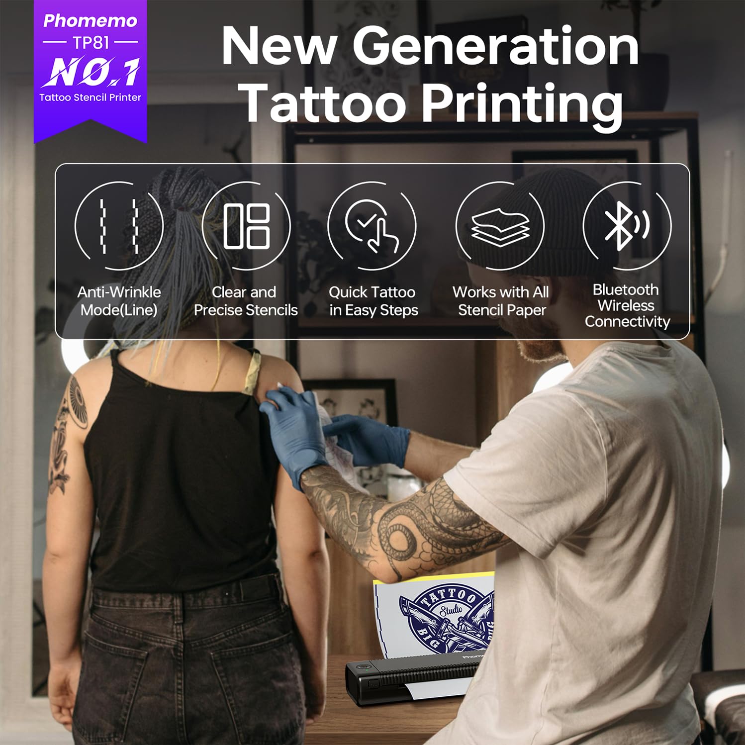 Phomemo Impresora de plantillas de tatuaje actualizada, TP81 impresora de tatuaje Bluetooth con 10 piezas de papel de transferencia, compatible con teléfono/tableta/PC, suministros de tatuaje para