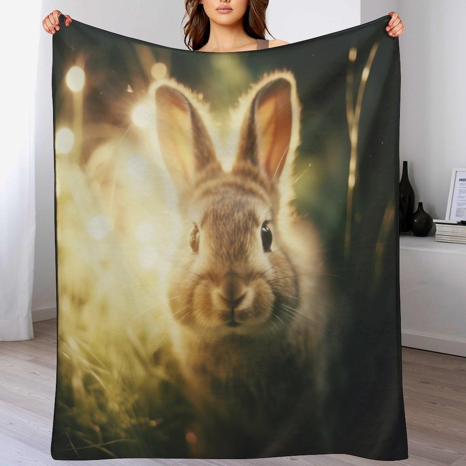 Couverture lapin 3D 130x180 cm en polaire de flanelle pour lit et canapé