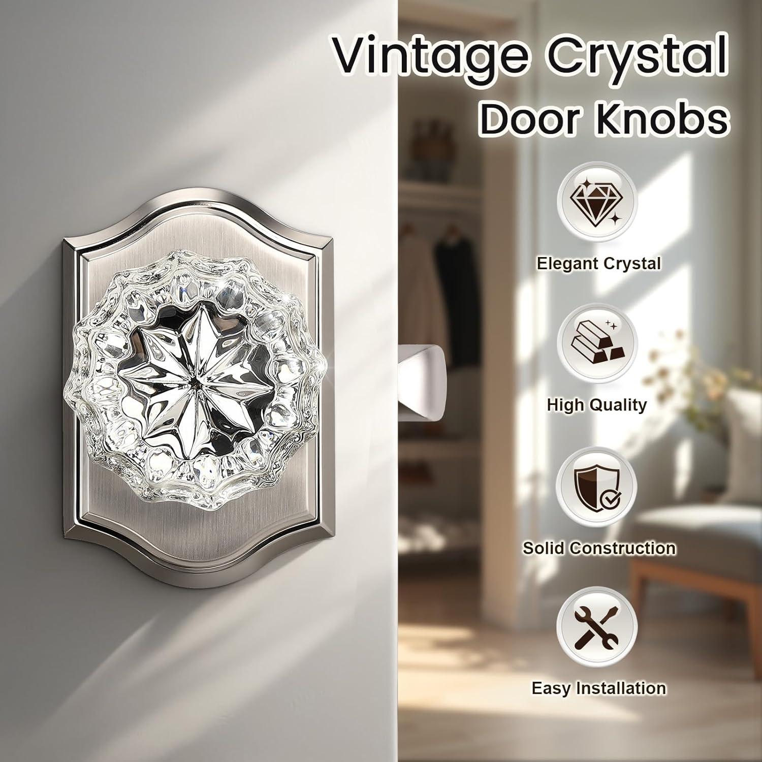 KNOBWELL Octagonal Crystal Door Knobs Interior, Glass Door Lock in Satin Nickel, Passage Door Locksets for Hallways and Closet, Zinc Alloy, 2 Pack