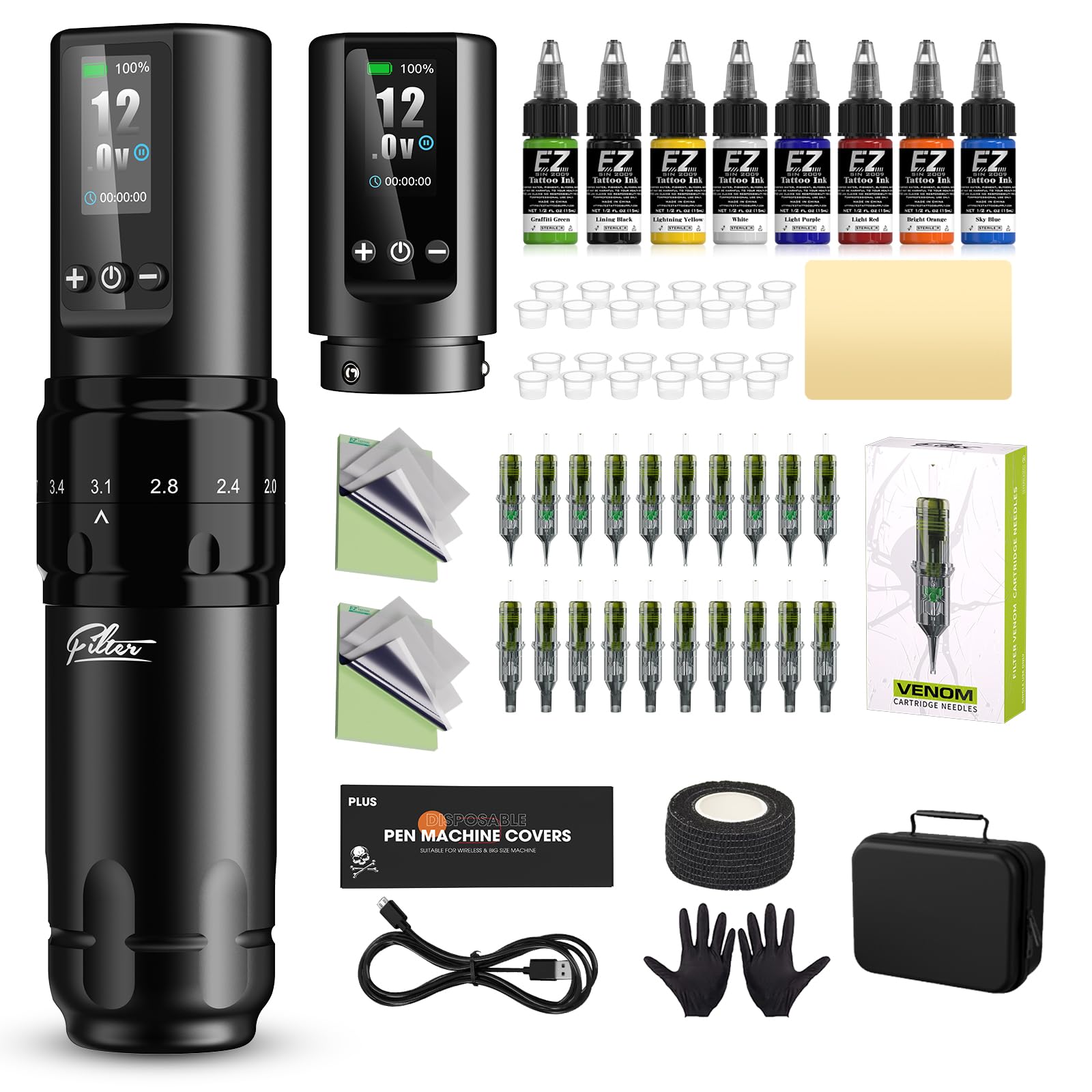 EZ Kit de Tatuaje - Kit de Máquina de Tatuar con 7 Strokes 2.0-4.0mm Máquina de Tatuar Inalámbrica, Batería de Alimentación de 1600mAh, 20Pzs Agujas Tatuaje para Tatuadores (X30)