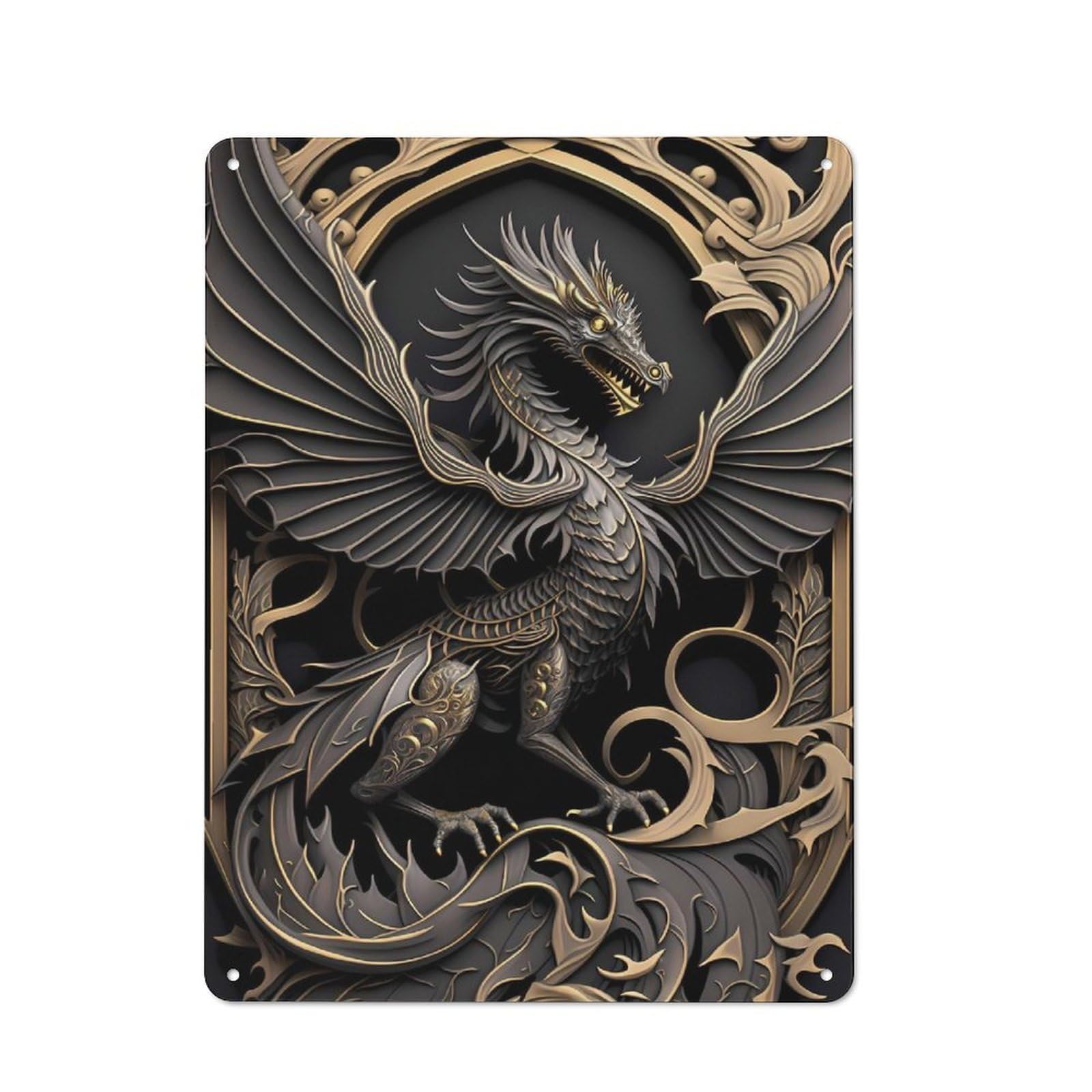 Tin Sign with Majestic Dragon Monarch Design 40x30cm, Creative Creative Space Decor for Home Office, Reading Corner Or Bedroom