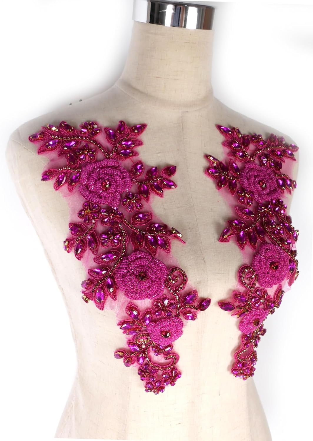 Beaded Rose Flowers &Leaves Rhinestone Pair Applique White&Clear for Prom Dress Belt Arts Crafts Sewing decorat Hot Rose Pink Hand-Made Beading Pair Applique
